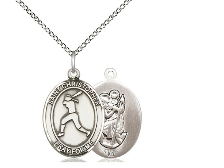 Sterling Silver St. Christopher/Softball Pendant, Lite Curb Chain, Medium Size Catholic Medal, 3/4" x 1/2"