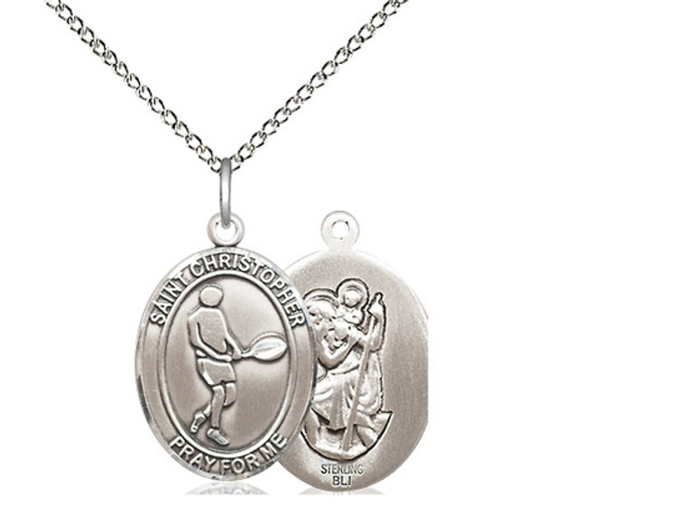 Sterling Silver St. Christopher/Tennis Pendant, Lite Curb Chain, Medium Size Catholic Medal, 3/4" x 1/2"