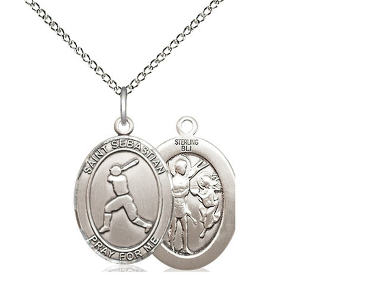Sterling Silver St. Sebastian/Baseball Pendant, Lite Curb Chain, Medium Size Catholic Medal, 3/4" x 1/2"