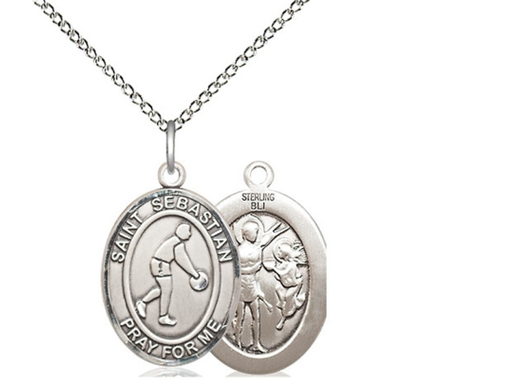 Sterling Silver St. Sebastian/Basketball Pendant, Silver Lite Curb Chain, Medium Size Catholic Medal, 3/4" x 1/2"