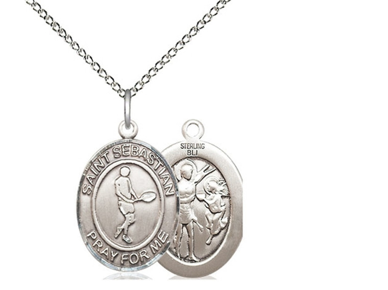 Sterling Silver St. Sebastian/Tennis Pendant, Lite Curb Chain, Medium Size Catholic Medal, 3/4" x 1/2"