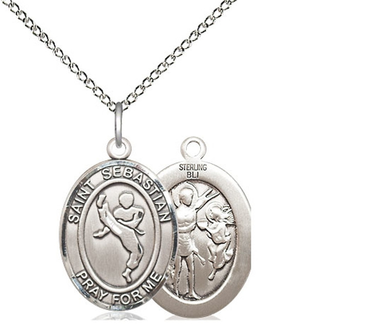 Sterling Silver St. Sebastian/Martial Arts Pendant, Lite Curb Chain, Medium Size Catholic Medal, 3/4" x 1/2"