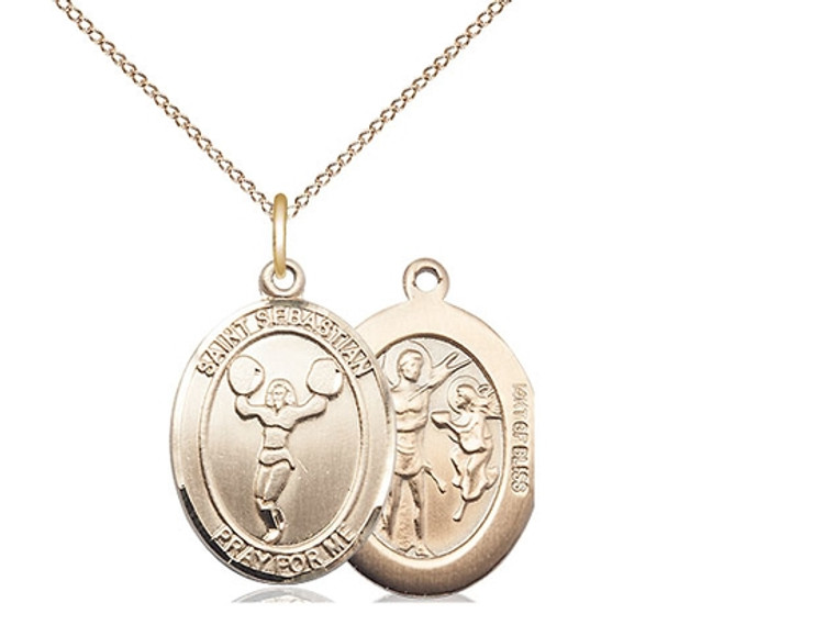 Gold Filled St. Sebastian/Cheerleading Pendant, Gold Filled Lite Curb Chain, Medium Size Catholic Medal, 3/4" x 1/2"