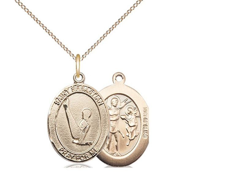 Gold Filled St. Sebastian/Gymnastics Pendant, GF Lite Curb Chain, Medium Size Catholic Medal, 3/4" x 1/2"