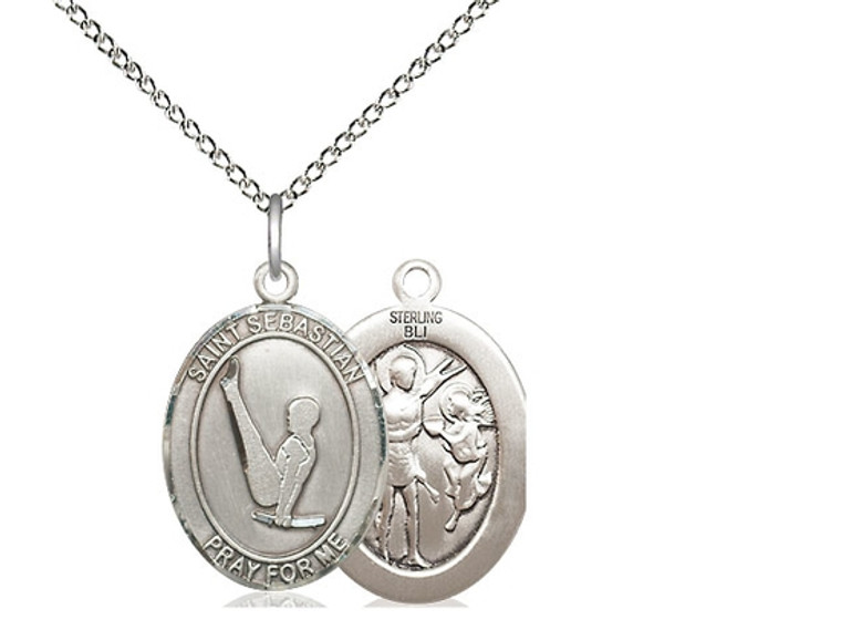 Sterling Silver St. Sebastian/Gymnastics Pendant, Lite Curb Chain, Medium Size Catholic Medal, 3/4" x 1/2"