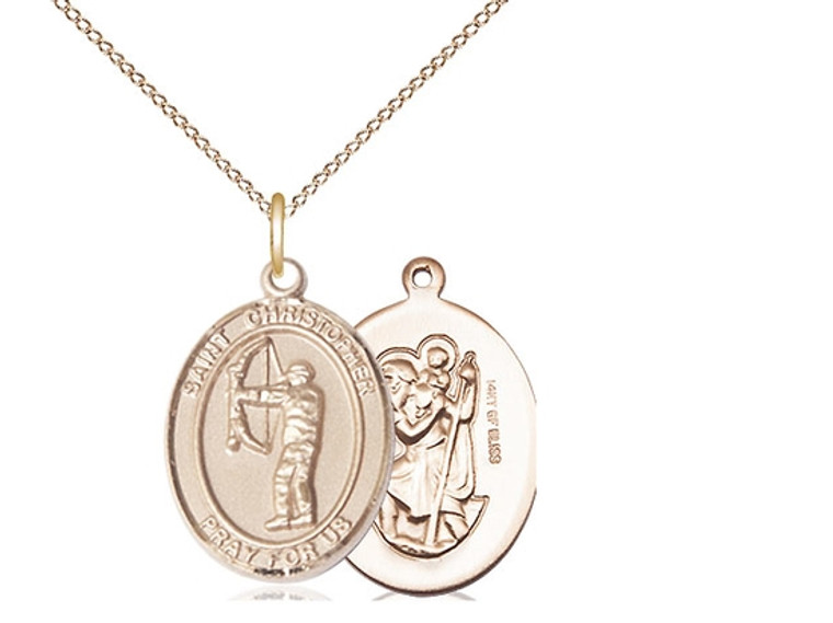 Gold Filled St. Christopher/Archery Pendant, GF Lite Curb Chain, Medium Size Catholic Medal, 3/4" x 1/2"