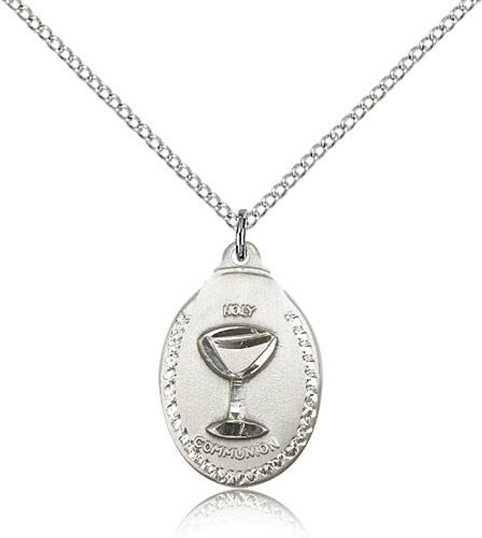 Sterling Silver Communion Pendant, Lite Curb Chain, 7/8" x 1/2"