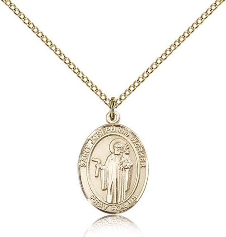 Gold Filled St. Joseph The Worker Pendant, Gold Filled Lite Curb Chain, Medium Size Catholic Medal, 3/4" x 1/2"