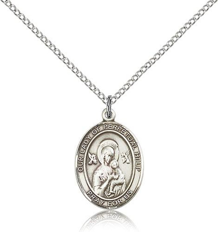 Sterling Silver Our Lady of Perpetual Help Pendant, Lite Curb Chain, Medium Size Catholic Medal, 3/4" x 1/2"