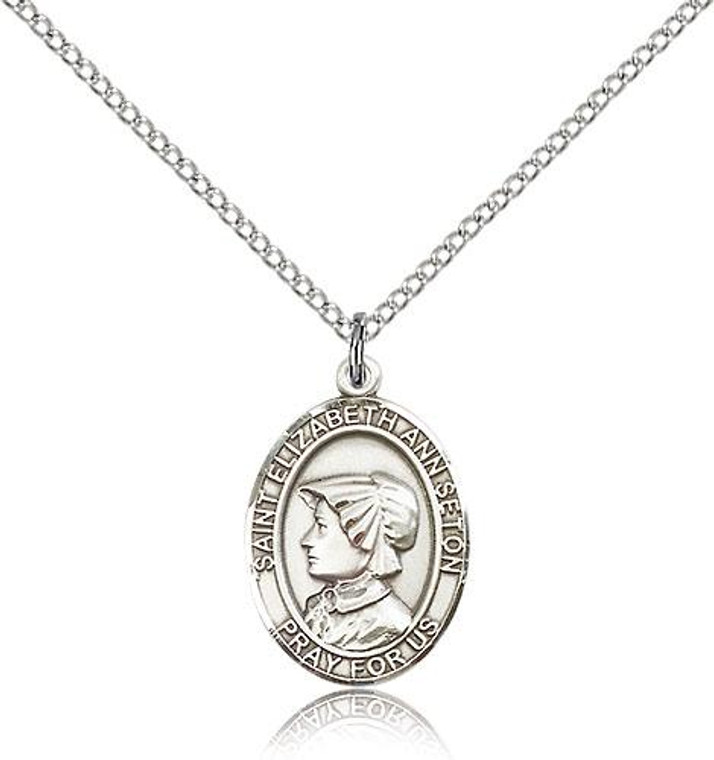 Sterling Silver St. Elizabeth Ann Seton Pendant, Lite Curb Chain, Medium Size Catholic Medal, 3/4" x 1/2"