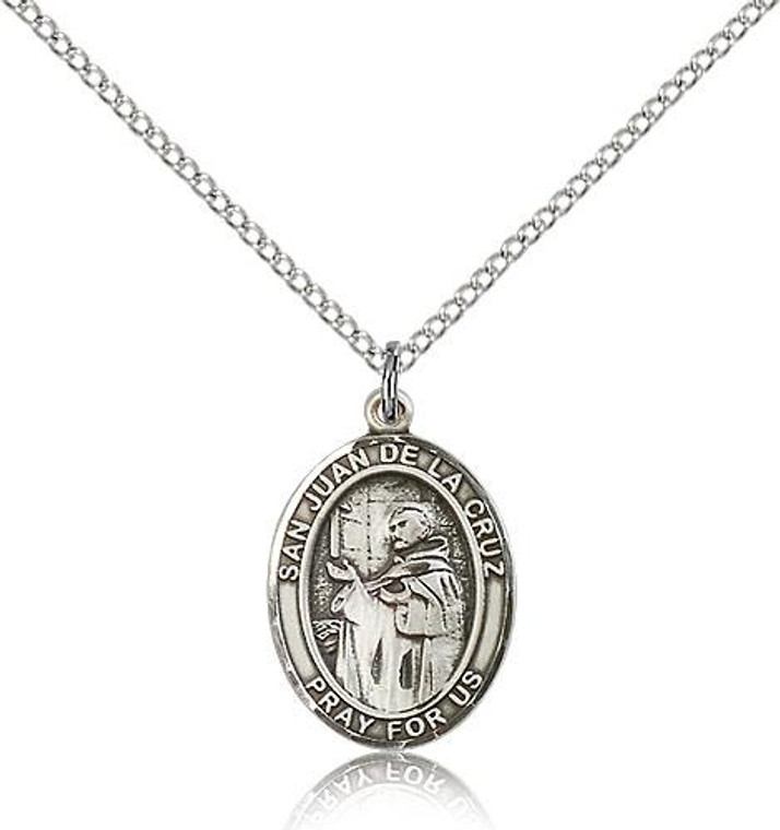 Sterling Silver San Juan De La Cruz Pendant, Lite Curb Chain, Medium Size Catholic Medal, 3/4" x 1/2"