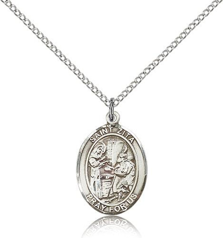 Sterling Silver St. Zita Pendant, Lite Curb Chain, Medium Size Catholic Medal, 3/4" x 1/2"