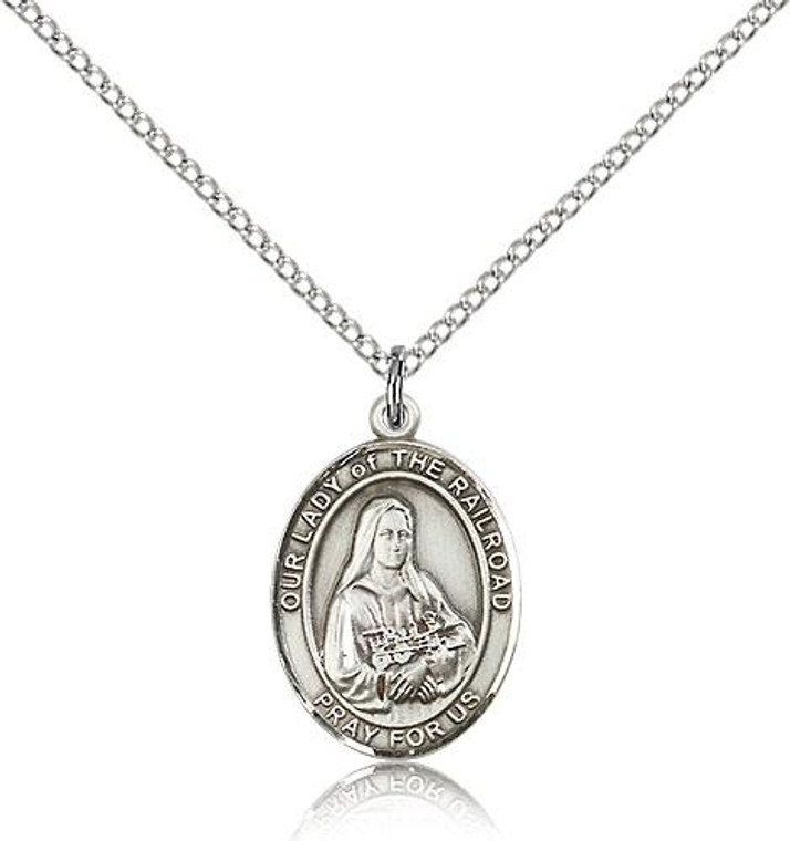 Sterling Silver Our Lady of the Railroad Pendant, Lite Curb Chain, Medium Size Catholic Medal, 3/4" x 1/2"