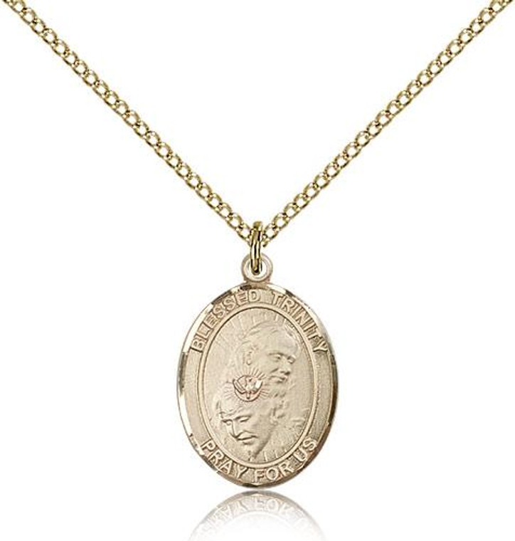 Gold Filled Blessed Trinity Pendant, Gold Filled Lite Curb Chain, Medium Size Catholic Medal, 3/4" x 1/2"