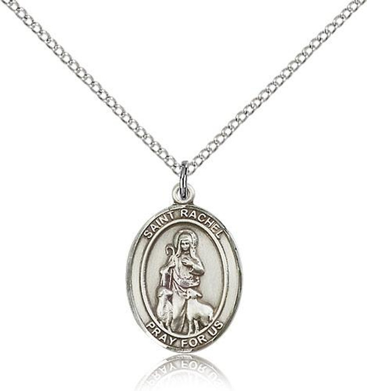 Sterling Silver St. Rachel Pendant, Lite Curb Chain, Medium Size Catholic Medal, 3/4" x 1/2"