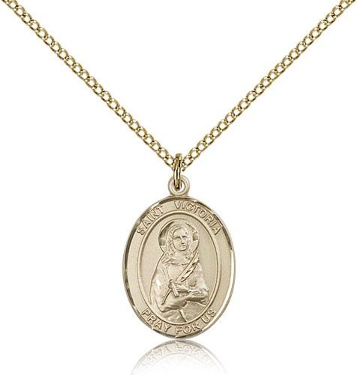 Gold Filled St. Victoria Pendant, Gold Filled Lite Curb Chain, Medium Size Catholic Medal, 3/4" x 1/2"