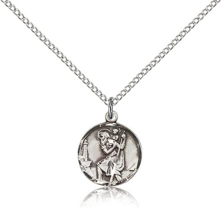 Sterling Silver St. Christopher Pendant, Lite Curb Chain, 5/8" x 1/2"