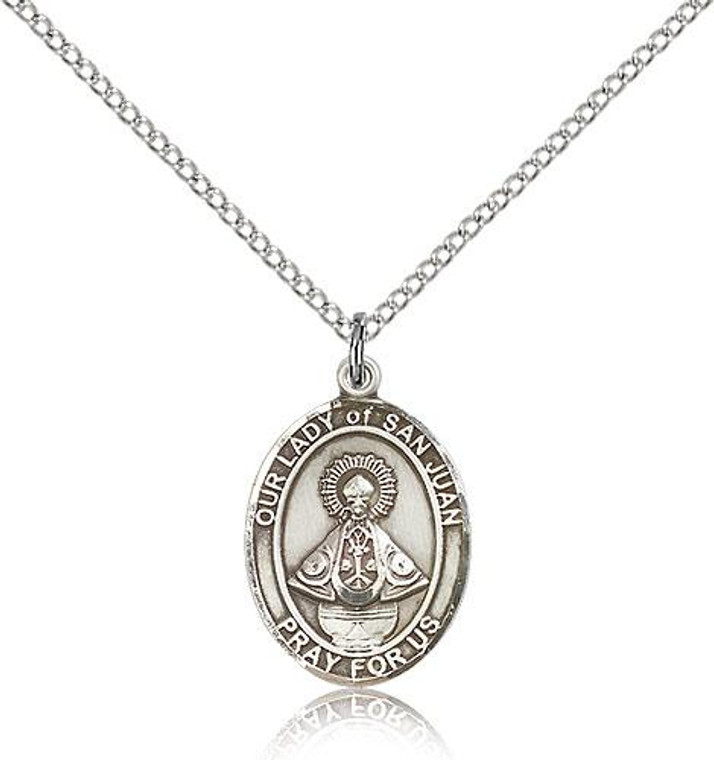 Sterling Silver Our Lady of San Juan Pendant, Lite Curb Chain, Medium Size Catholic Medal, 3/4" x 1/2"