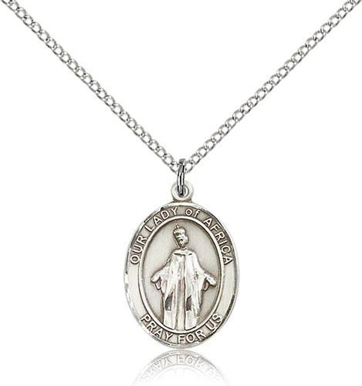 Sterling Silver Our Lady of Africa Pendant, Lite Curb Chain, Medium Size Catholic Medal, 3/4" x 1/2"