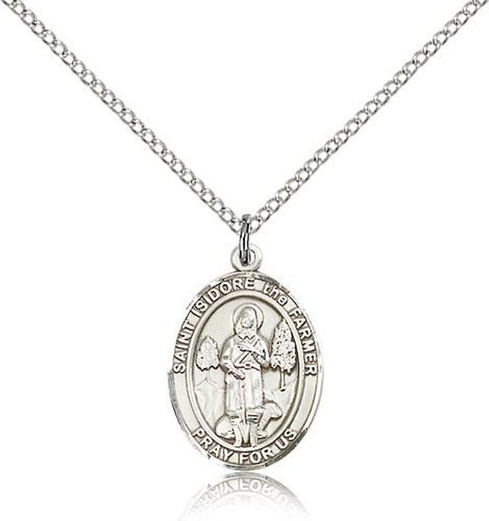 Sterling Silver St. Isidore the Farmer Pendant, Lite Curb Chain, Medium Size Catholic Medal, 3/4" x 1/2"