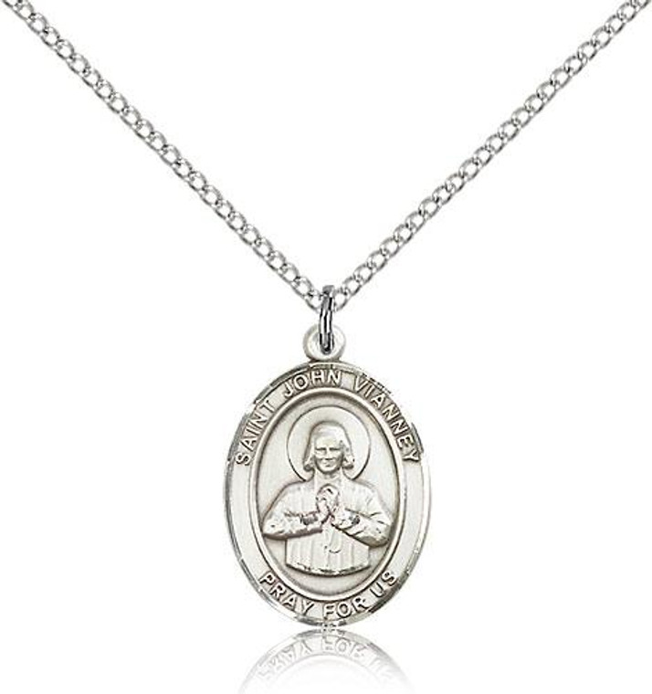 Sterling Silver St. John Vianney Pendant, Lite Curb Chain, Medium Size Catholic Medal, 3/4" x 1/2"
