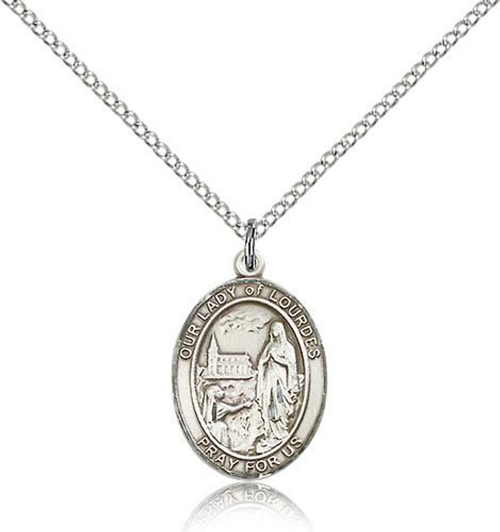Sterling Silver Our Lady of Lourdes Pendant, Lite Curb Chain, Medium Size Catholic Medal, 3/4" x 1/2"
