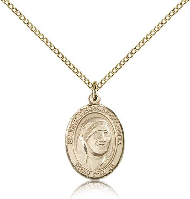 Gold Filled Blessed Teresa of Calcutta Pendant, Gold Filled Lite Curb Chain, Medium Size Catholic Medal, 3/4" x 1/2"