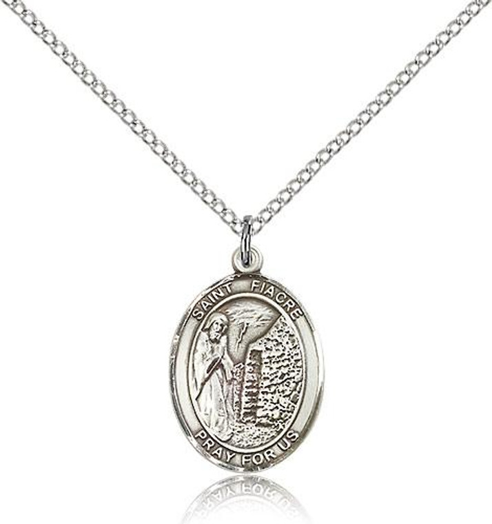 Sterling Silver St. Fiacre Pendant, Lite Curb Chain, Medium Size Catholic Medal, 3/4" x 1/2"