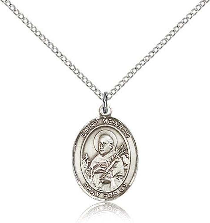 Sterling Silver St. Meinrad of Einsideln Pendant, Lite Curb Chain, Medium Size Catholic Medal, 3/4" x 1/2"