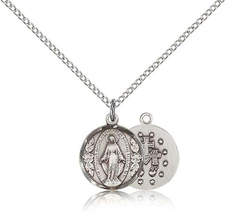 Sterling Silver Miraculous Pendant, Lite Curb Chain, 5/8"