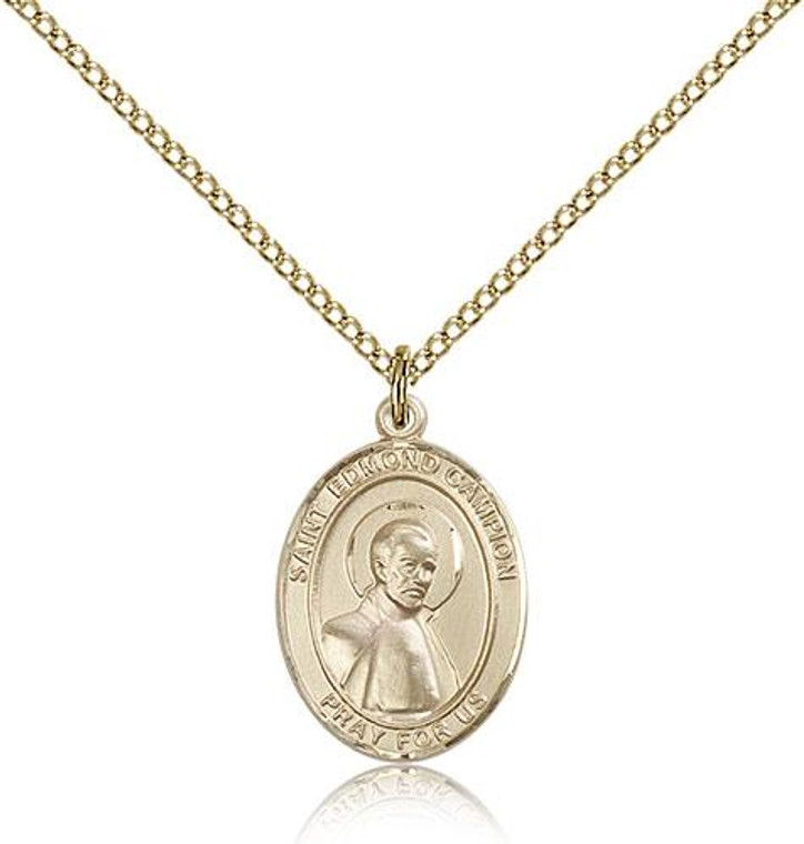 Gold Filled St. Edmund Campion Pendant, Gold Filled Lite Curb Chain, Medium Size Catholic Medal, 3/4" x 1/2"