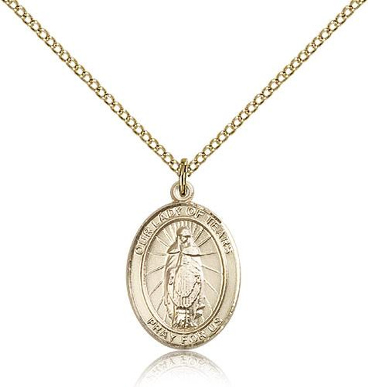 Gold Filled Our Lady of Tears Pendant, Gold Filled Lite Curb Chain, Medium Size Catholic Medal, 3/4" x 1/2"