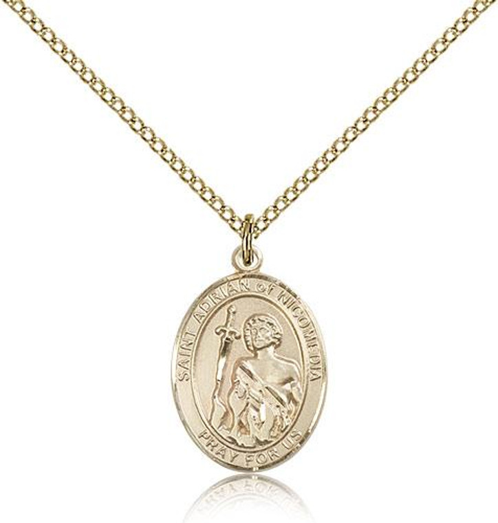 Gold Filled St. Adrian of Nicomedia Pendant, Gold Filled Lite Curb Chain, Medium Size Catholic Medal, 3/4" x 1/2"