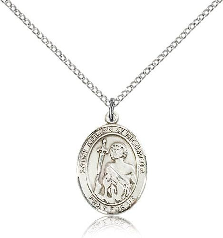 Sterling Silver St. Adrian of Nicomedia Pendant, Lite Curb Chain, Medium Size Catholic Medal, 3/4" x 1/2"