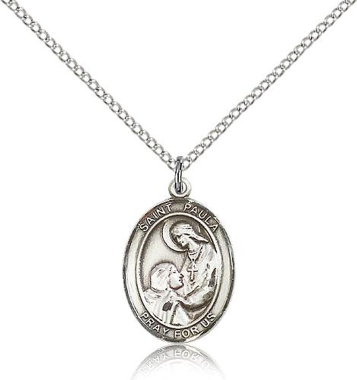 Sterling Silver St. Paula Pendant, Lite Curb Chain, Medium Size Catholic Medal, 3/4" x 1/2"
