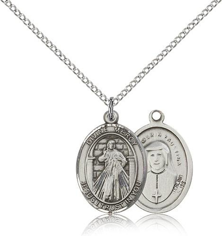 Sterling Silver Divine Mercy Pendant, Lite Curb Chain, Medium Size Catholic Medal, 3/4" x 1/2"