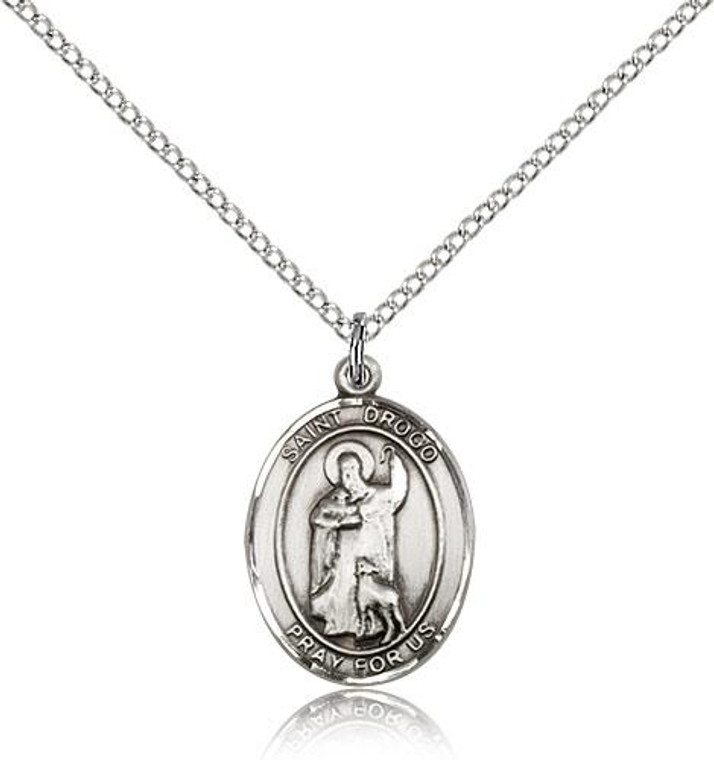 Sterling Silver St. Drogo Pendant, rhodium Lite Curb Chain, Medium Size Catholic Medal, 3/4" x 1/2"