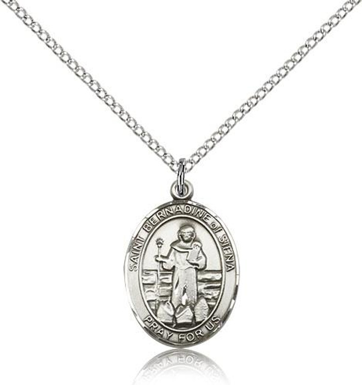 Sterling Silver St. Bernadine Of Sienna Pendant, rhodium Lite Curb Chain, Medium Size Catholic Medal, 3/4" x 1/2"