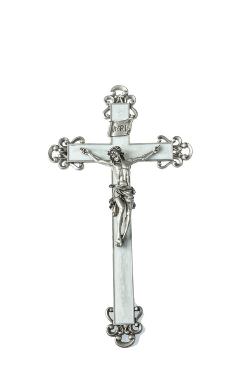 10" White Pearlized Epoxy Crucifix, Antique Pewter Corpus JC7105