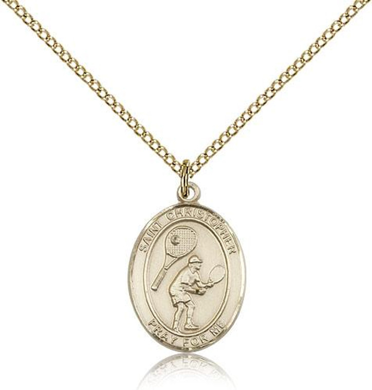 Gold Filled St. Christopher/Tennis Pendant, GF Lite Curb Chain, Medium Size Catholic Medal, 3/4" x 1/2"
