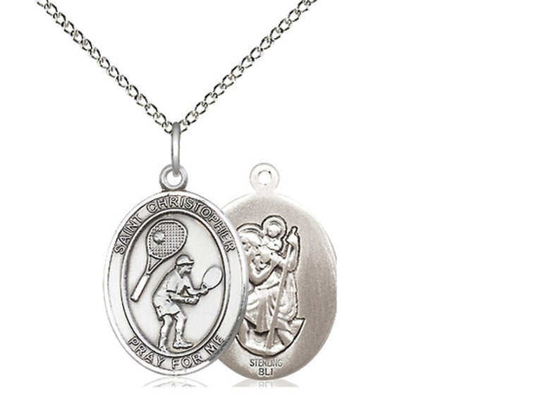 Sterling Silver St. Christopher Tennis Pendant, rhodium Lite Curb Chain, Medium Size Catholic Medal, 3/4" x 1/2"