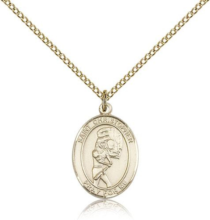 Gold Filled St. Christopher/Softball Pendant, GF Lite Curb Chain, Medium Size Catholic Medal, 3/4" x 1/2"