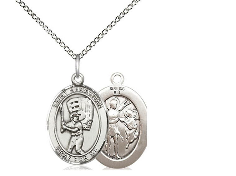 Sterling Silver St. Sebastian  Baseball Pendant, Lite Curb Chain, Medium Size Catholic Medal, 3/4" x 1/2"