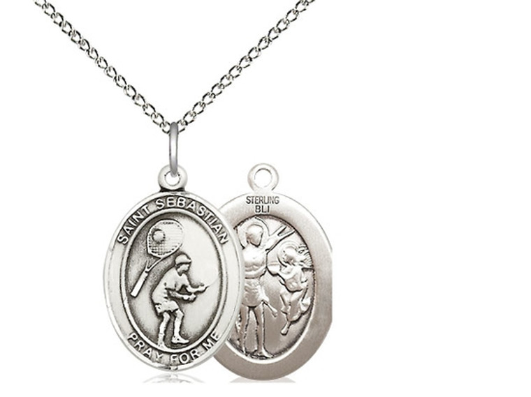 Sterling Silver St. Sebastian  Tennis Pendant, rhodium Lite Curb Chain, Medium Size Catholic Medal, 3/4" x 1/2"