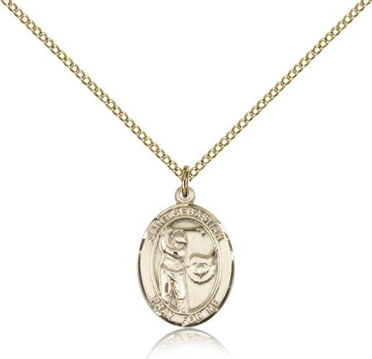 Gold Filled St. Sebastian / Golf Pendant, GF Lite Curb Chain, Medium Size Catholic Medal, 3/4" x 1/2"