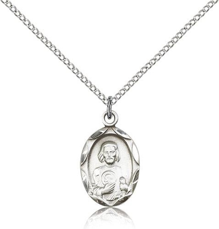 Sterling Silver St. Jude Pendant, Lite Curb Chain, 3/4" x 3/8"