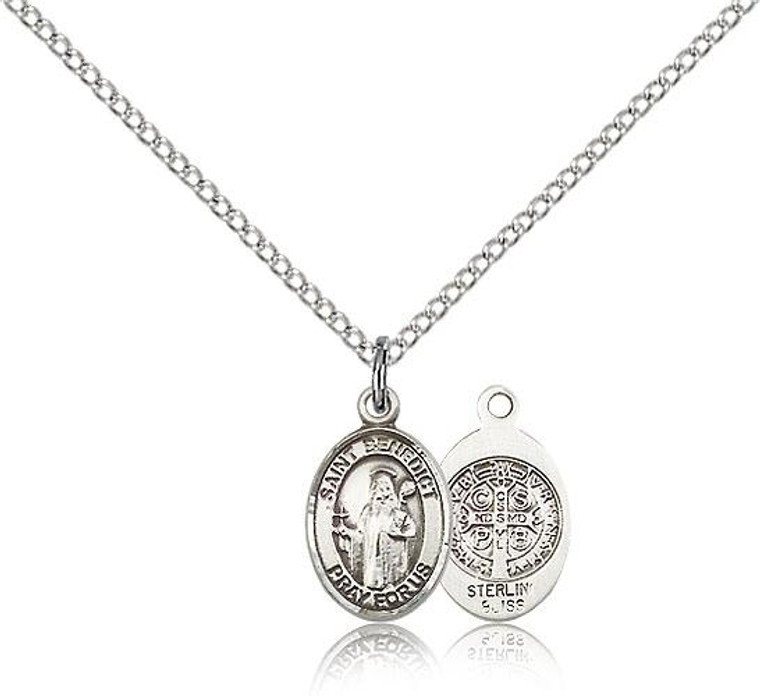 Sterling Silver St. Benedict Pendant, Sterling Silver Lite Curb Chain, Small Size Catholic Medal, 1/2" x 1/4"
