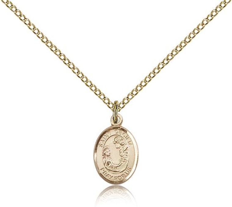 Gold Filled St. Cecilia Pendant, Gold Filled Lite Curb Chain, Small Size Catholic Medal, 1/2" x 1/4"