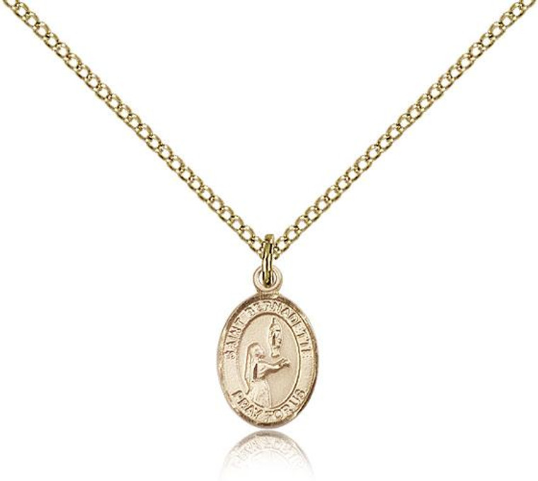 Gold Filled Small St. Bernadette Pendant, Gold Filled Lite Curb Chain, Small Size Catholic Medal, 1/2" x 1/4"