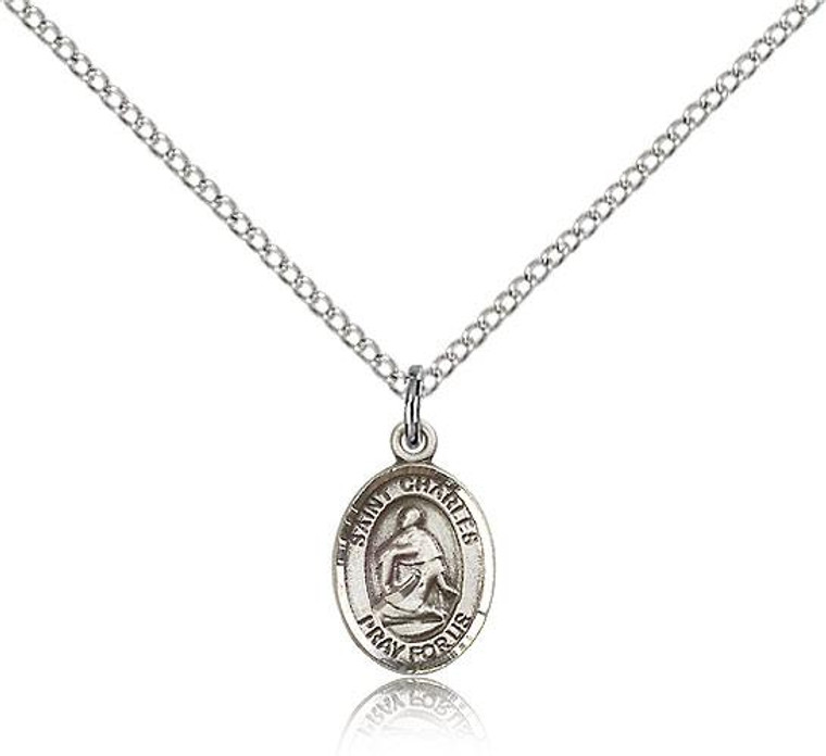 Sterling Silver St. Charles Borromeo Pendant, Sterling Silver Lite Curb Chain, Small Size Catholic Medal, 1/2" x 1/4"